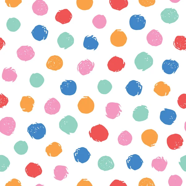 Kleurrijke onregelmatige polka dots vector naadloze patroon. Trendy naadloos patroon. Roze, geel, oranje, rood, blauwe cirkels op witte achtergrond. Vector illustratie. Ontwerp van het oppervlaktepatroon. — Stockvector