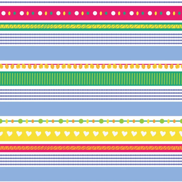 Kalpler, pompoms, dokular ile eğlenceli çizgiler kumaş, Scrapbooking, duvar kağıdı veya arka plan için dikişsiz vektör tekrar deseni.