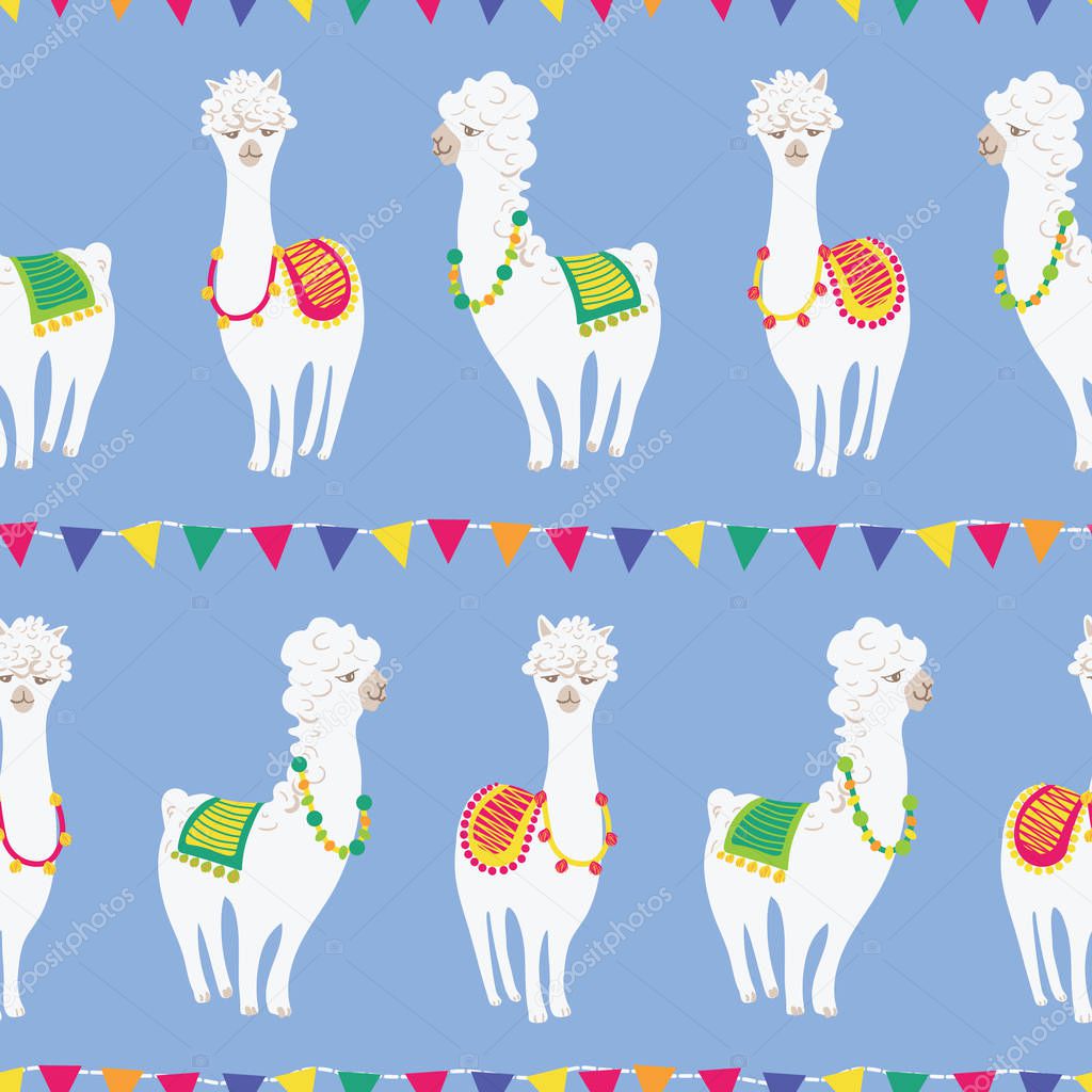 Colorful cute llama party under bunting seamless vector pattern for fabric, wallpaper, scrapbooking or backgrounds.