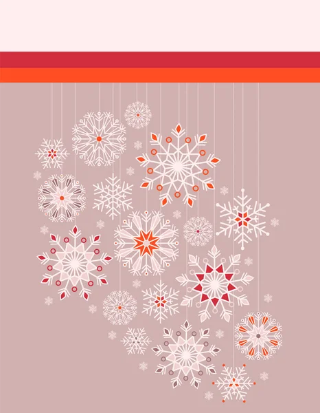 Vektor Weihnachtsgrußkarte auf taupe Hintergrund. Boho-Spitze bunte hängende Schneeflocken. Vektorillustration. — Stockvektor