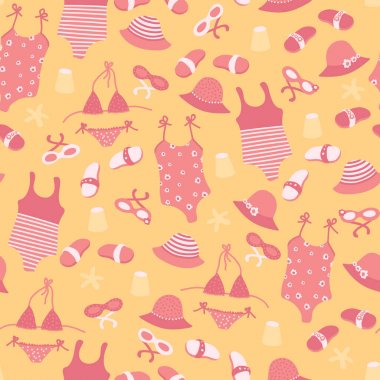 Kız plaj aksesuarları ile Vektör yaz moda dikişsiz desen. Güneş gözlüğü, şapka, mayo, bikini, kumaş, duvar kağıdı, scrapbooking için kum arka plan üzerinde denizyıldızları ile Sevimli seyahat arka plan