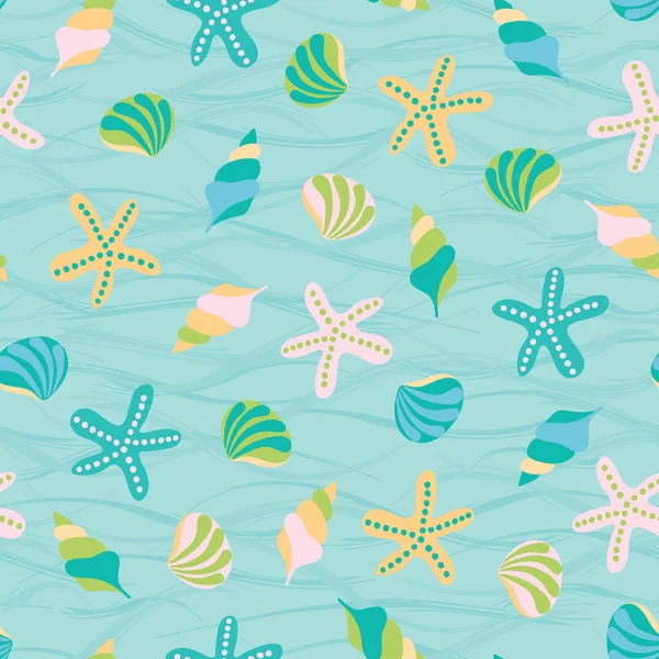 Lindo fondo de ilustración vector marino. Patrón sin costuras de conchas marinas. Perfecto para telas, invitaciones, tarjetas de felicitación, carteles, impresiones, pancartas, volantes, etc. — Vector de stock