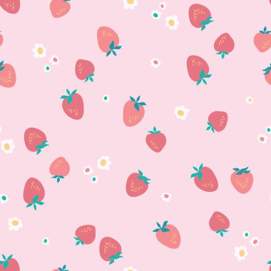 Çilek ve Çiçekler ile güzel yaz desen. Pembe arka plan üzerinde soyut botanik doku. Kumaş, duvar kağıdı, hurda projeler için çilek arka plan.