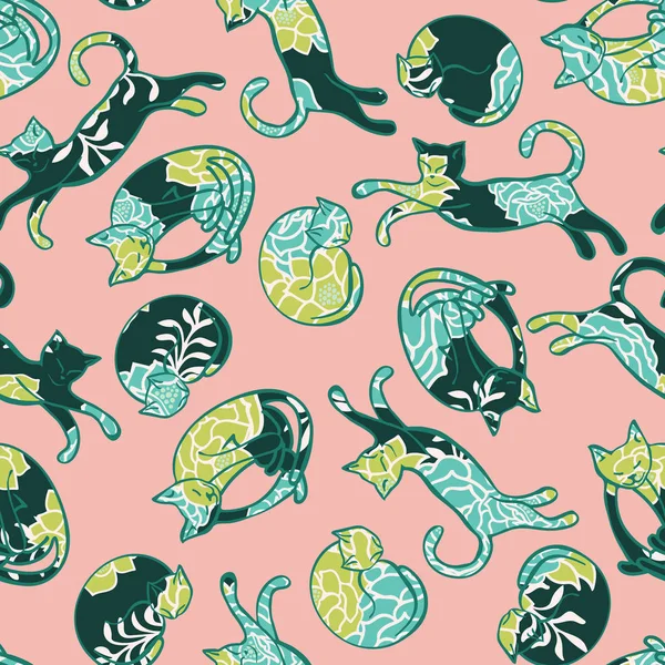 Fondo colorido de textura de patrón vectorial con formas de gato llenas de flores. Perfecto para papel de envolver, papel pintado, elementos repetitivos, diseño vintage, portada de cuaderno, diseño de ropa de tela . — Vector de stock