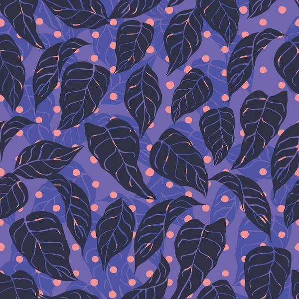 Bold purple greenery leaves texture vector pattern with pink dots background for fabric, wallpaper, scrapbooking projects. — Stock Vector