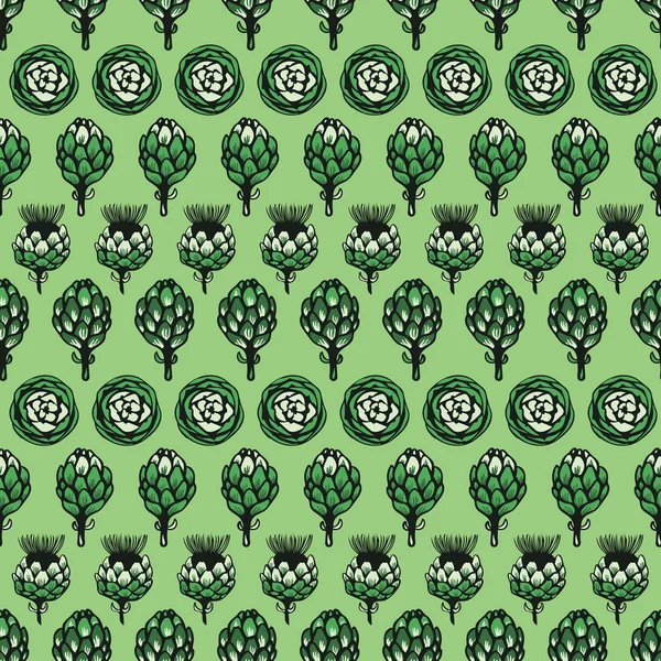 Green monochrome horizontal vector artichoke flower seamless texture pattern background — Stock Vector