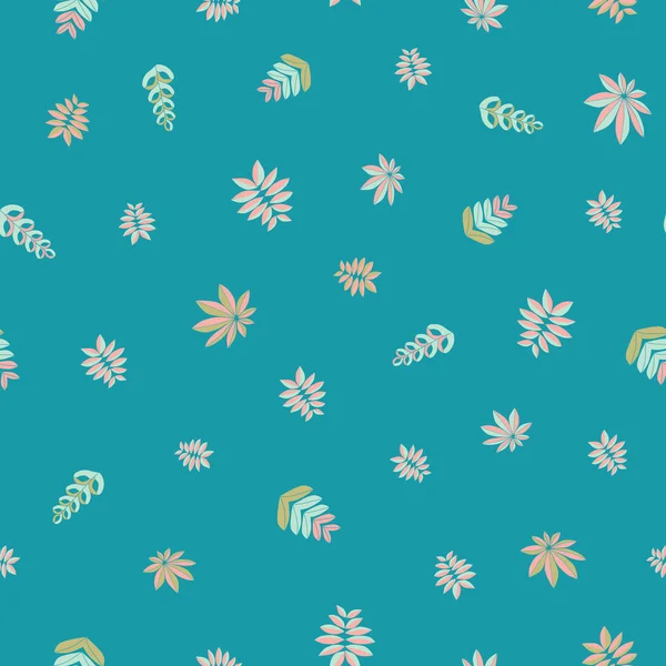 Embroidery inspired seamless vector pattern with beautiful tropical leaves. Colorful vector folk floral ornament on teal background for fashion textile and fabric. — Stock Vector