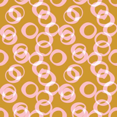 Düzensiz çakışan daireler dokusu ile vektör sorunsuz desen. Altın arka planda pembe karalama yüzükleri. Soyut vektör arka planı. Duvar kağıdı, kumaş tasarımı, kumaş, kağıt, tekstil. Elle çizilmiş.