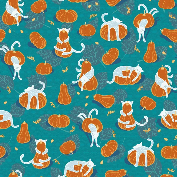 Kumaş, duvar kağıdı, scrapbooking projeleri veya arka planlar için yeşil arka plan üzerinde kabak ve komik kediler ile Dikişsiz Halloween vektör desen.