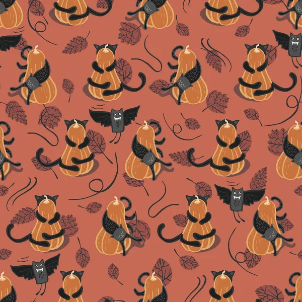 Kabak komik kediler ve kumaş, duvar kağıdı, scrapbooking projeleri veya arka planlar için sıçan ile Dikişsiz Halloween vektör desen.