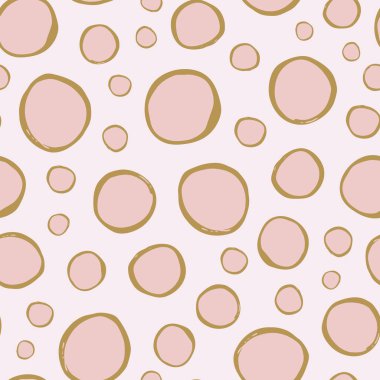 Renkli düzensiz polka noktalar daire vektör dikişsiz desen. Açık pembe arka plan üzerinde altın sarısı ve pembe daireler ile trendy dikişsiz desen. Vektör illüstrasyon. Yüzey deseni tasarımı.