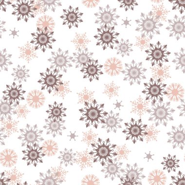 Basit pembe ve bohem Noel danteli üst üste kar taneleri vektörsüz desen kumaş, duvar kâğıdı, kış tatillerinde kazıma projeleri için beyaz zemin üzerinde.