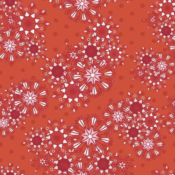 Červené a bílé české vánoční krajky sněhové vločky vektor bezešvé vzor na oranžové tečky pozadí pro tkaniny, tapety, scrapooking projekty na zimní dovolenou. — Stockový vektor