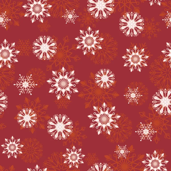 Proste czerwono-białe bożonarodzeniowe koronki pokrywające się płatki śniegu wektor bezszwowy wzór tło dla tkaniny, tapety, projekty scrapooking na ferie zimowe. — Wektor stockowy