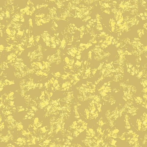 Feuilles d'automne or motif imprimé avec des motifs de feuilles botaniques dispersés au hasard. Fond de texture vectorielle sans couture pour les impressions de mode, fonds d'écran, scrapbooking dans le style dessiné à la main sur jaune moutarde — Image vectorielle