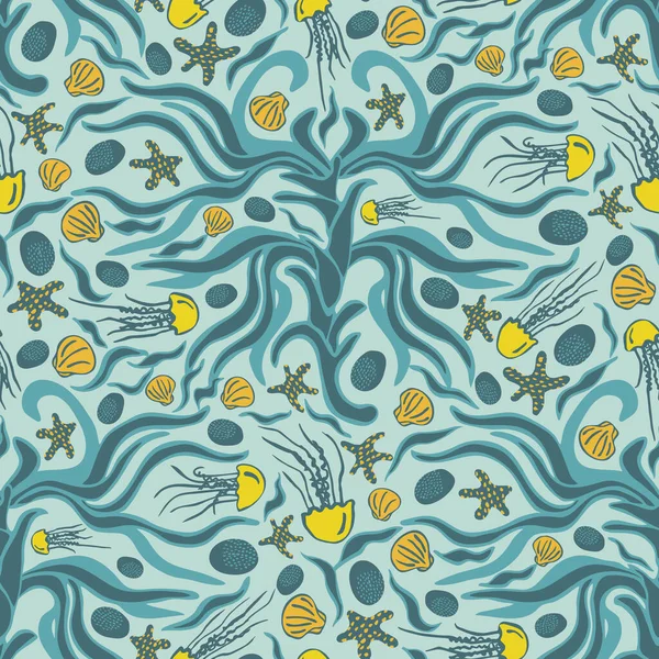 Teal patrón de vectores sin costura floral bajo el agua con posidonia hierba marina, estrellas de mar y medusas. Diseño de patrones de superficie para tela, papel pintado, proyectos de scrapbooking, fondos . — Vector de stock