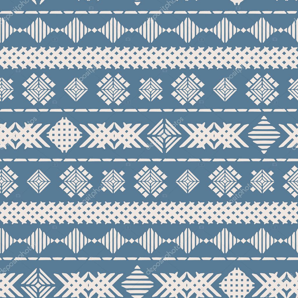 Blue geometric embroidery seamless vector pattern background texture for fabric, wallpaper, scrapbooking projects, backgrounds.