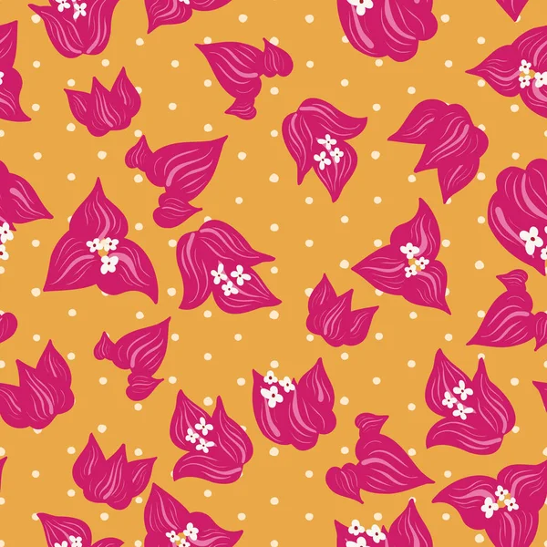 Bougainvillea rosa floral tendril fundo padrão vetor sem costura em bolinhas laranja pontos para tecido, papel de parede, artigos de papelaria, projetos de scrapbooking ou fundos . —  Vetores de Stock