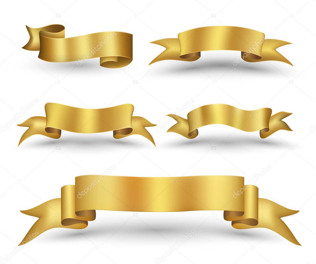 Gold ribbon banner set. Vector illustration.