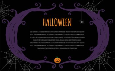 Mutlu Cadılar Bayramı vektör afiş, poster, tebrik kartı, yeni yıl eğlencesi daveti için örümcek ağı üzerinde yazı. İzole illüstrasyon.