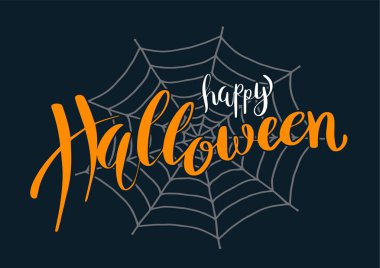 Mutlu Cadılar Bayramı vektör afiş, poster, tebrik kartı, yeni yıl eğlencesi daveti için örümcek ağı üzerinde yazı. İzole illüstrasyon.