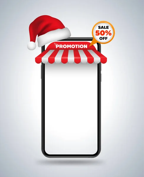 Mockup Smartphone Con Negozio Sul Tetto Cappello Natale Banner Promozionale — Vettoriale Stock