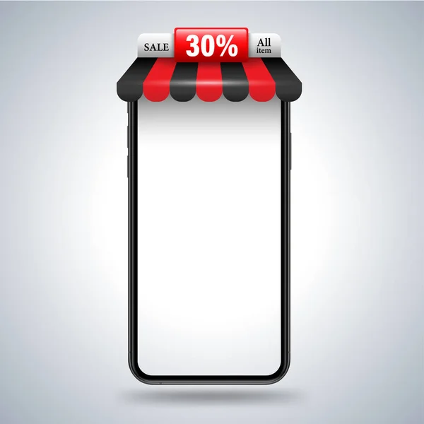 Smartphone Avec Bannière Magasin Toit Pour Publicité Promotion Application Démonstration — Image vectorielle