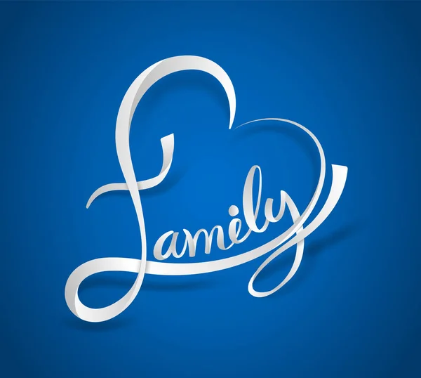 Familie Schriftzug Herzförmige Weiße Schleife Stil Auf Blauem Hintergrund Vektorillustration — Stockvektor