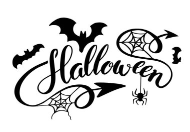 Mutlu Cadılar Bayramı vektör harfleri. Hayalet yüzlü bir yazı, afiş için örümcek ve ağ, poster, tebrik kartı, parti davetiyesi. İzole illüstrasyon. 