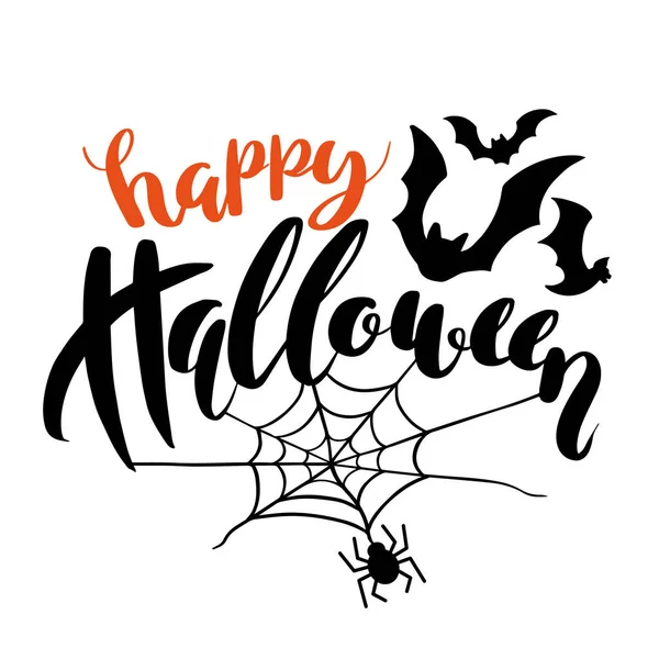 Happy Halloween Vector Lettering Holiday Calligraphy Ghost Face Spider Web — Stock Vector