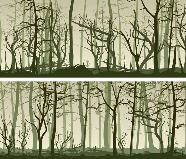 Set vector horizontal wide banners with many tree trunks (coniferous,deadwood and deciduous forest).