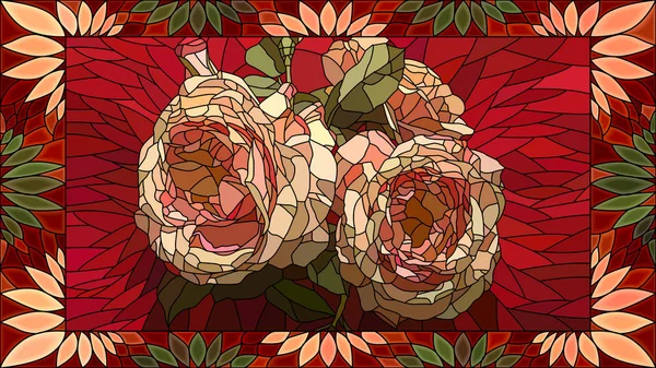 Mozaik Vektor Dengan Mawar Merah Muda Dalam Bingkai Jendela Kaca - Stok Vektor