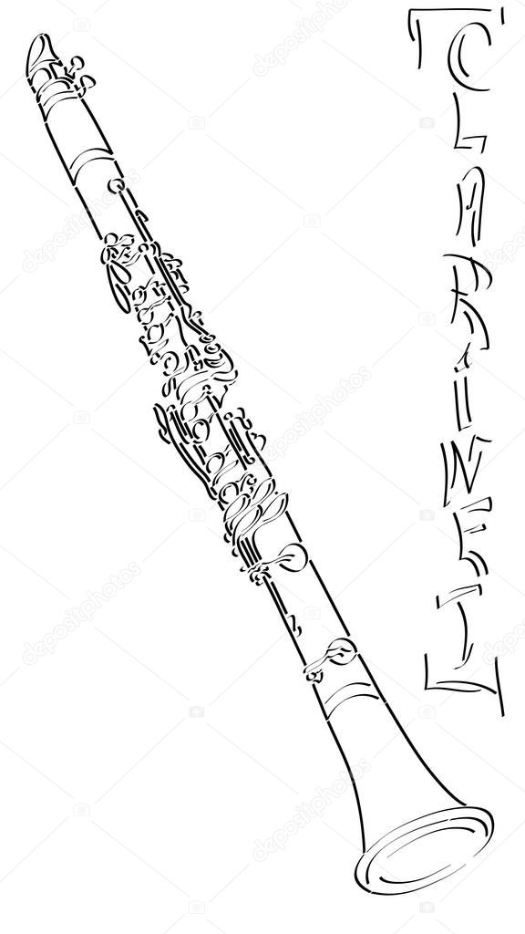 Vector abstract graphic arts sketch of drawing clarinet (black ink).