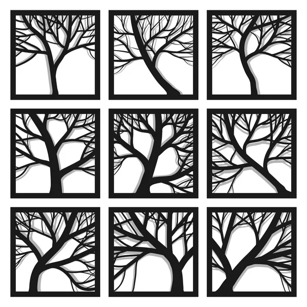 Set Square Icons Trees Branches Its Shadow Frame — Stock Vector