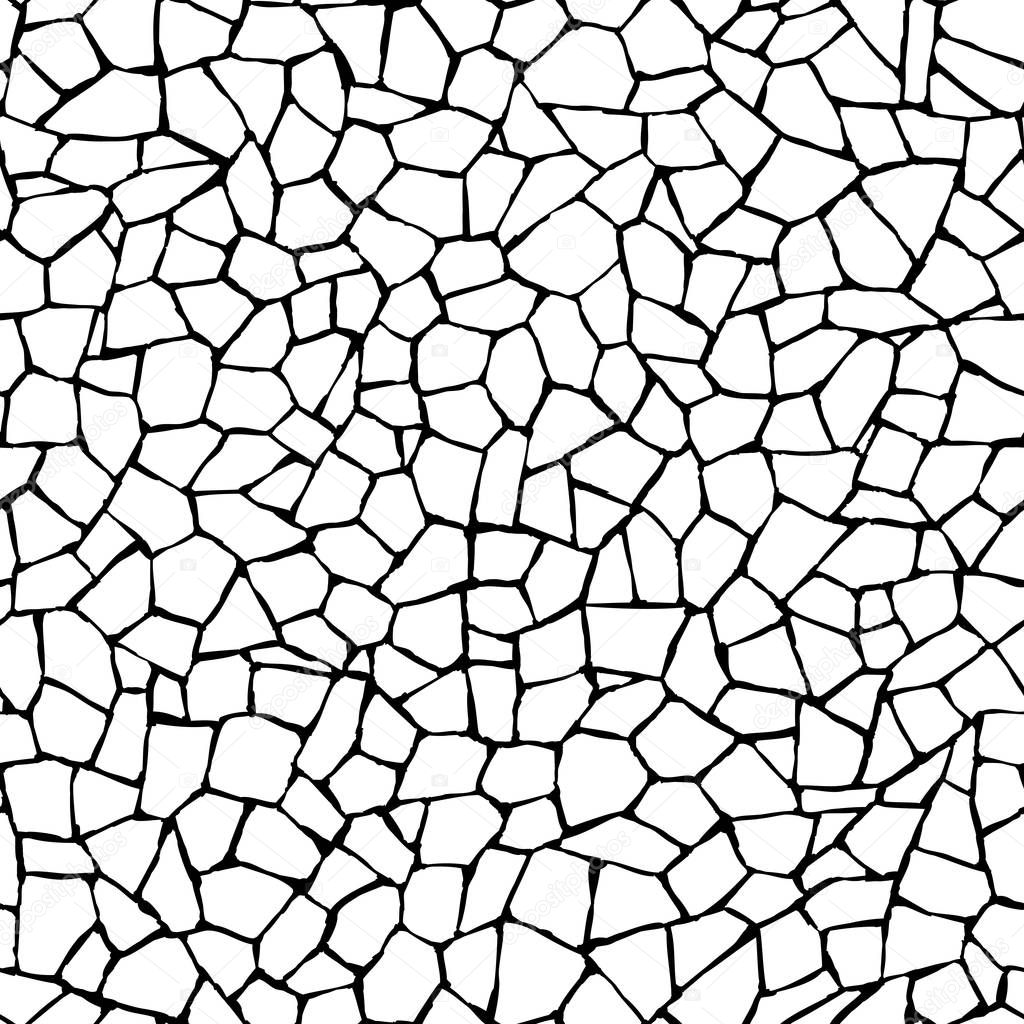 Seamless vector black and white background wall of different curves polygon stones (drawn by ink).