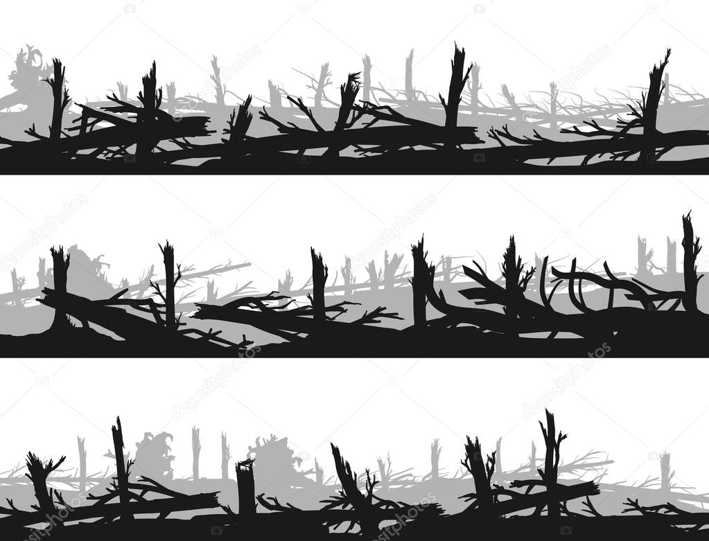 Set of horizontal banners with silhouettes of many broken tree trunks (windbreak, deadwood, windfall).