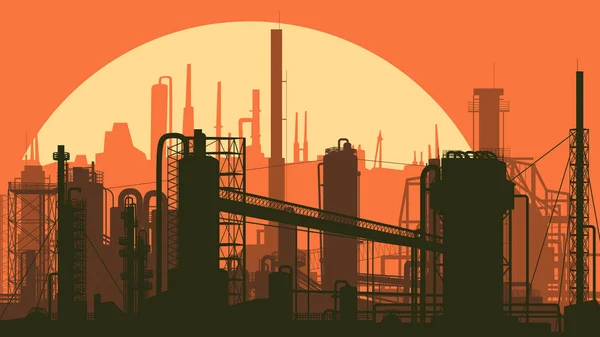 夕暮れの工場が付いている都市の工業用部品を水平の様式化された図 — ストックベクタ