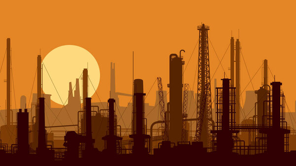 Horizontal realistic illustration industrial part of city with factories at sunset.