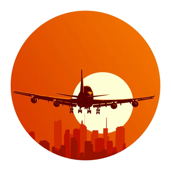 Orange Logo Passenger Airliner Sunset Glare Skyscrapers — Stock Vector