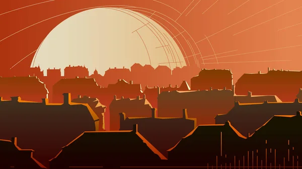 城市和屋顶旧历史部分的水平向量抽象插图反射夕阳的光线 — 图库矢量图片