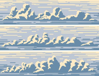 Cumulus bulutları mavi ufukta ile yatay retro afiş kümesi.