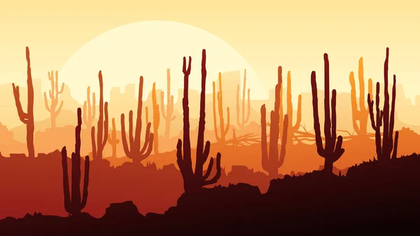 サボテン オレンジ色のトーンで岩と砂漠の水平漫画イラスト — ストックベクタ