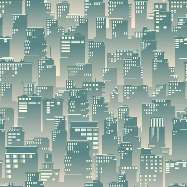 Fondo Verde Inconsútil Gran Ciudad Brumosa Estilizada Con Rascacielos Tono — Vector de stock