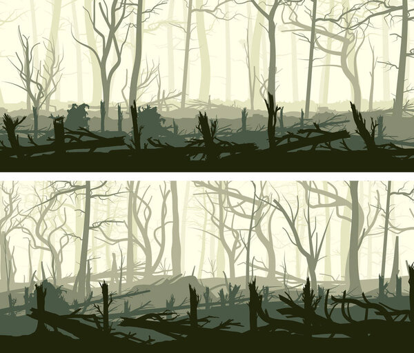 Set of horizontal banners with silhouettes of many broken tree driftwood trunks (windbreak, deadwood, windfall).