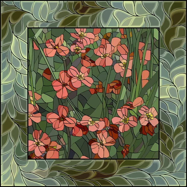 Vetor Mosaico Flores Vermelho Aubrieta Quadrado Verde Moldura Vitral — Vetor de Stock