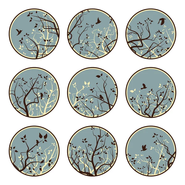 Set Emblems Stylized Tree Branches Birds Blue Tone — Stock Vector