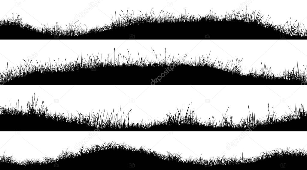 Set of horizontal banners of wavy meadow silhouettes with grass.