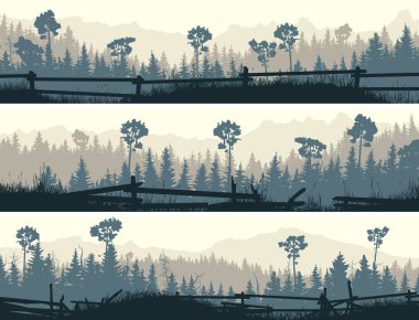 Çayırlar ve sığır çitler ile iğne yapraklı orman yatay afiş kümesi.