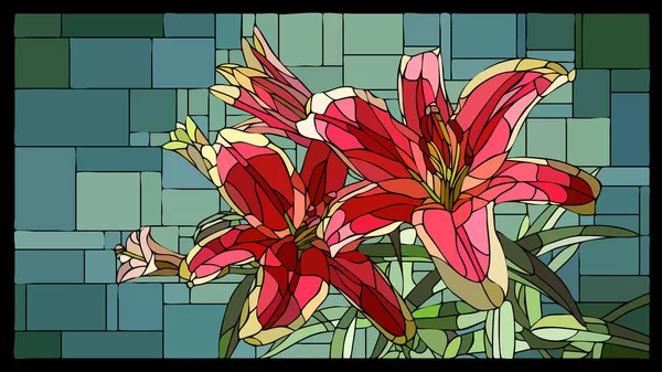 Vector Kantiga Mosaik Med Blommande Röda Liljor Med Knoppar Blyinfattade — Stock vektor