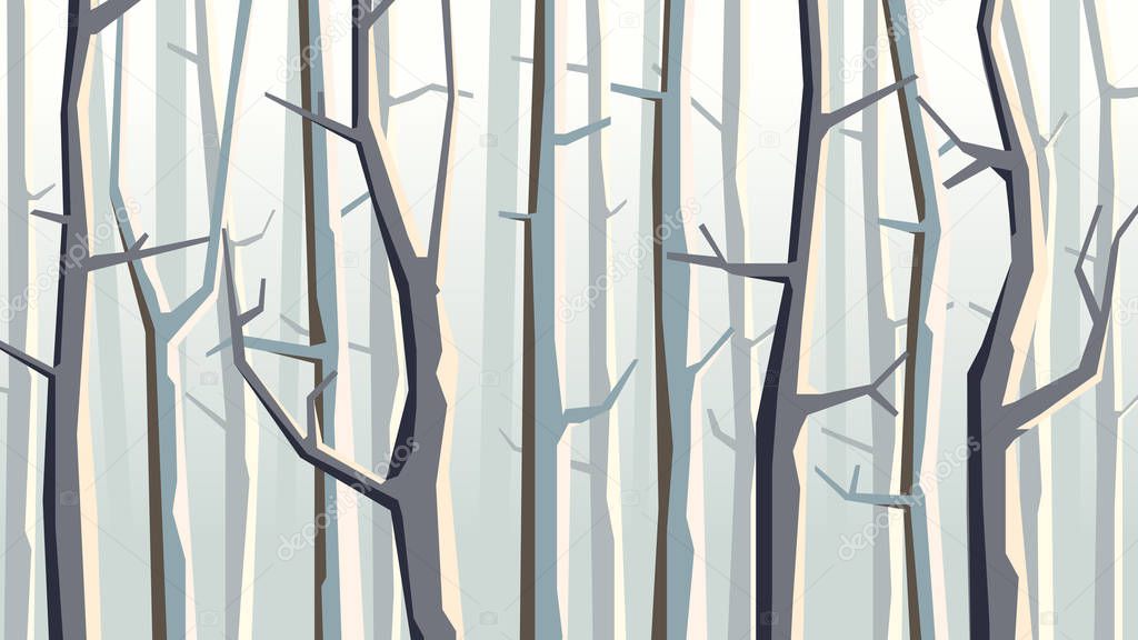 Simple horizontal cartoon illustration of autumn forest with trees and branches in blue tone.